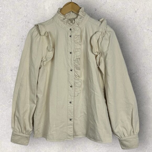 Sezane Eva Shirt Mottled Ecru Size 36 French / US 4 Ruffle Button Top Blouse - Picture 14 of 16